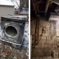 A dryer that caught fire and the space it occupied in the basement.  The extra lint on the wall indicates the dryer was not vented to the outside properly. This is why it is important to use our delinting services, to remove excess lint from inside the dryer, and to use proper ducting.